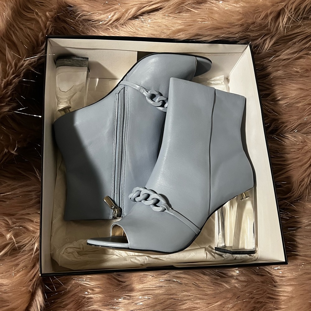 New in Box - Dune Octavia Peep Toe Block Heeled Boots, Pale Blue Leather